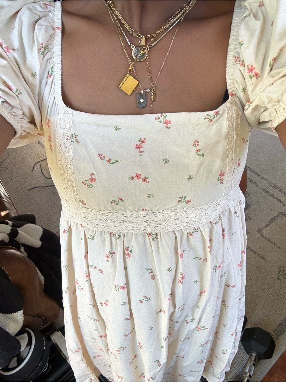 Celebrity Pink cream floral mini dress with small red floral print #floral